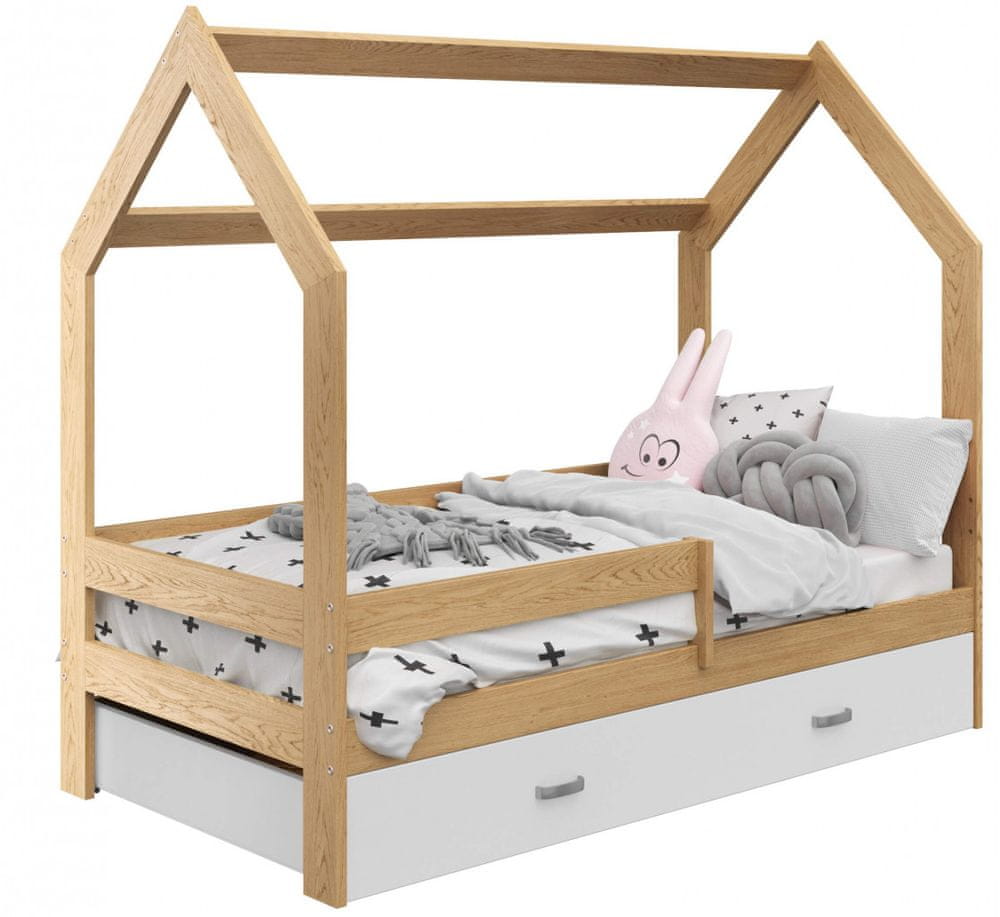 eoshop Detská posteľ Domček 80x160 cm D3, rošt ZADARMO - borovica, zábrana: borovica, úlož. jednoducho: biela, matracu: bez matraca